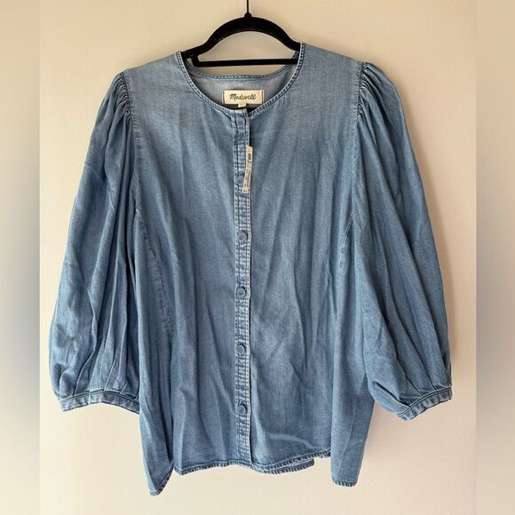 NWT Madewell Denim Puff-Sleeve Button-Up Top Size 12 - Picture 12 of 13